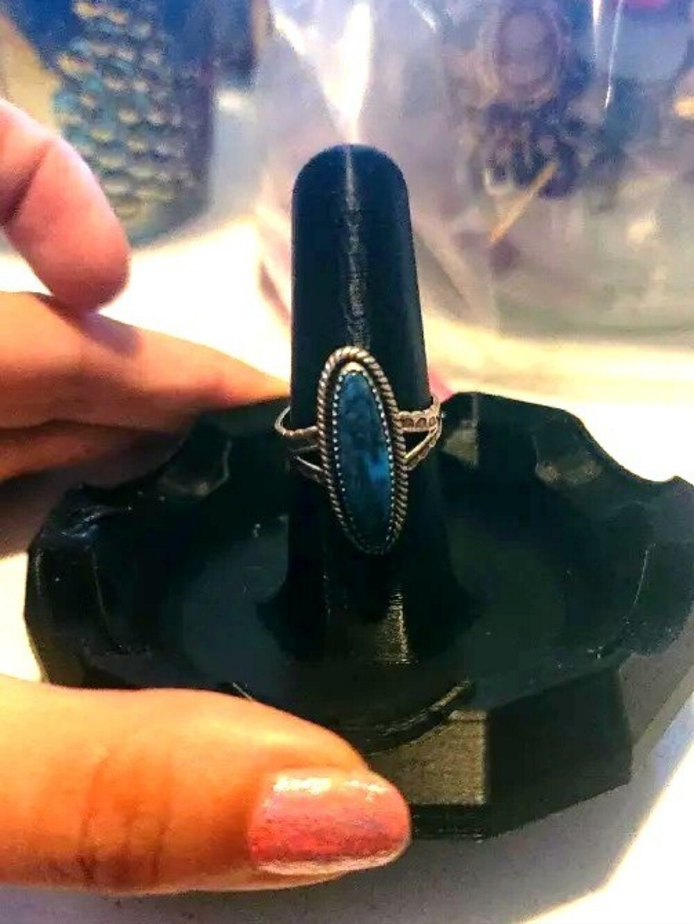 J.P. Begay Navajo Sterling Silver Long Oval Turquoise Ring Sz 8.5
